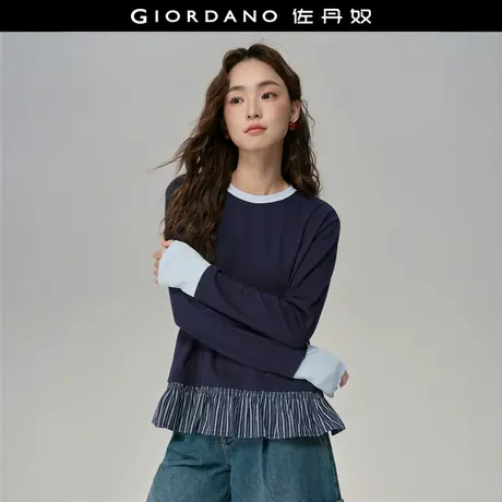 设计师款佐丹奴长袖T恤女拼接条纹下摆圆领假两件上衣女18325818商品大图