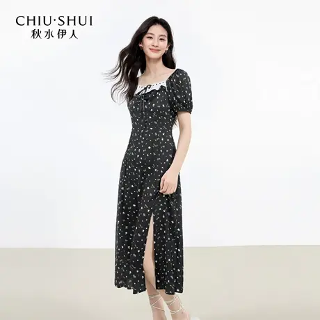 秋水伊人优雅镂空蕾丝花边裙子2025年夏季新款女撞色抽褶连衣裙商品大图