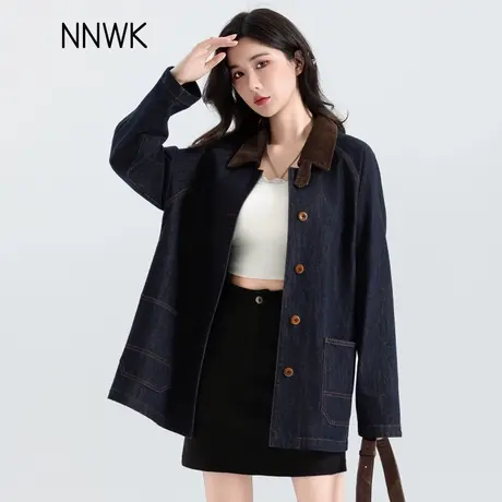 复古撞色灯芯绒翻领牛仔外套女2025新款春秋季宽松休闲中长款上衣图片