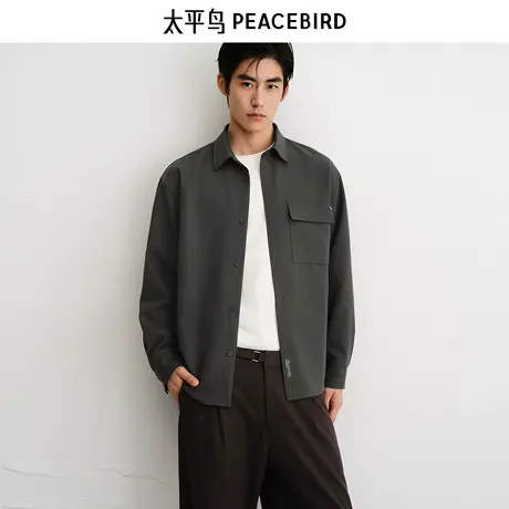 太平鸟男装 休闲衬衫2025秋季纯色工装衬衫休闲时尚男士衬衫M商品大图