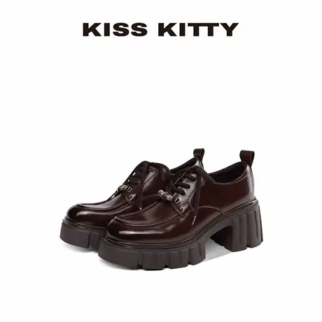 KISSKITTY乐福鞋女2025新款深口单英伦风厚底粗跟棕色百搭小皮鞋图片
