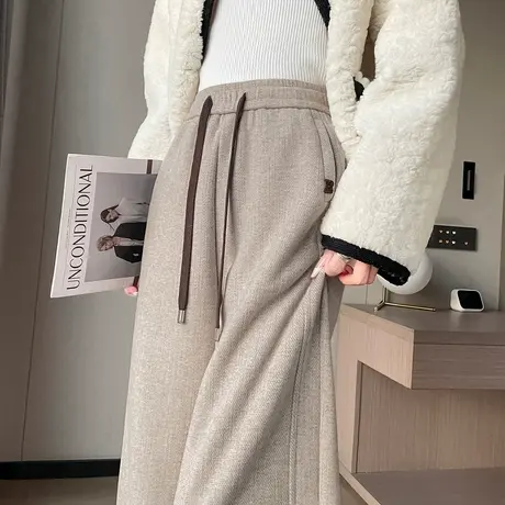 加厚羊绒糯米裤女秋冬新款高腰宽松垂感小个子休闲加绒直筒阔腿裤商品大图