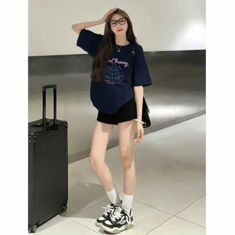 短袖女t恤夏2025新款爆款藏蓝色半袖百搭宽松纯棉绝美漂亮小上衣商品大图