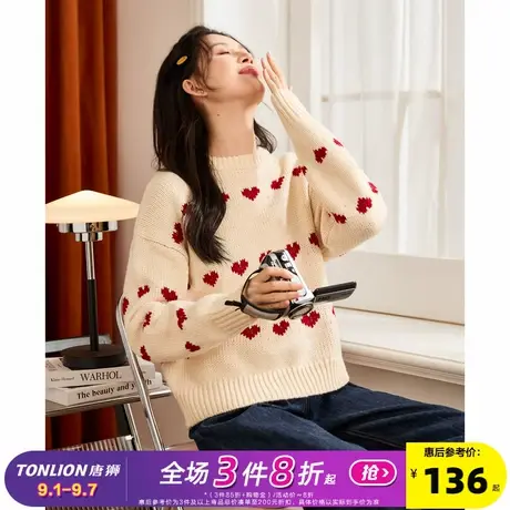 唐狮2024新款女毛衣慵懒风高级感圆领爱心满印针织衫设计感上衣商品大图