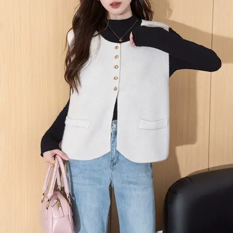 唐狮秋冬毛衣女气质简约设计圆领开衫马甲外穿高级感百搭上衣TM商品大图