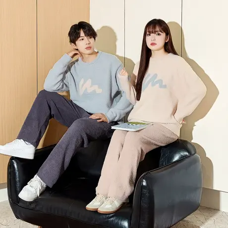 唐狮新款情侣套装男女圆领半边绒文字上衣打底卫衣宽松卫裤潮TD图片