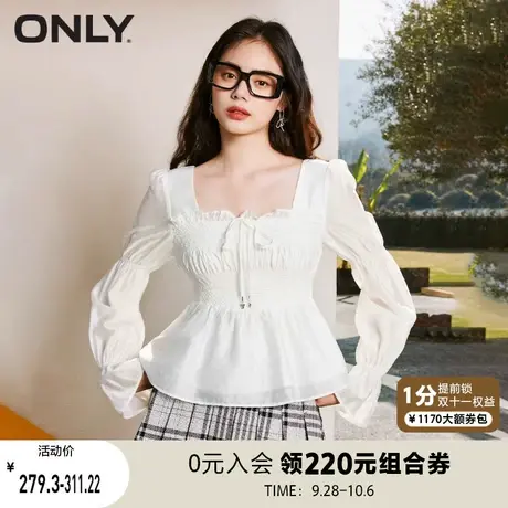 ONLY奥莱2023夏季新款法式泡泡袖系带方领纯色雪纺衫女商品大图