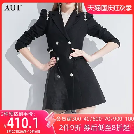 AUI黑色高级感炸街西装外套2023女春新款不规则设计泡泡袖西服裙图片
