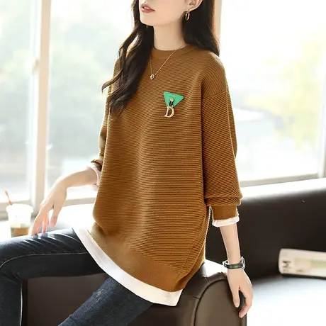 宝诗黎假两件拼接圆领秋季针织女装卫衣2023套头宽松新款百搭上衣图片