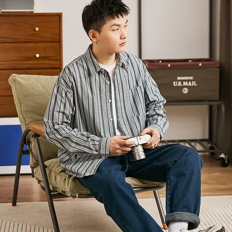 唐狮长袖条纹衬衫男春秋复古宽松休闲百搭外套浅蓝色衬衫男装衬衣商品大图