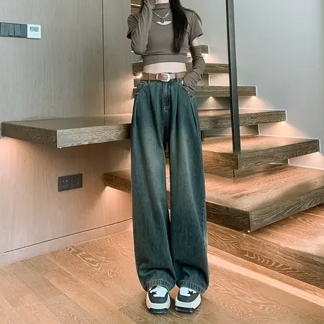 水泥灰阔腿牛仔裤女春秋复古直筒高个子宽松显瘦高腰垂感拖地裤子图片