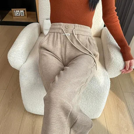 杏色窄版阔腿裤女冬季新款加厚灯芯绒高腰显瘦垂感百搭直筒拖地裤商品大图