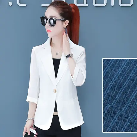 2023秋装新款七分袖短外套气质修身薄款女西服条纹休闲小个子西装商品大图