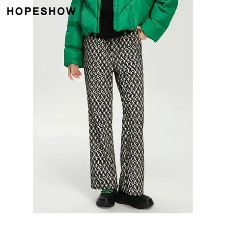 红袖outlets撞色字母松紧腰休闲裤hopeshow2023冬款印花喇叭裤女商品大图