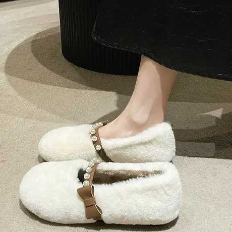 仙女风毛毛鞋子女百搭2023年秋冬新款一脚蹬加绒豆豆鞋软底棉瓢鞋商品大图