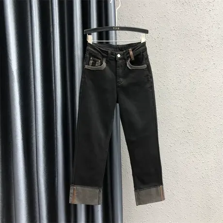 欧货个性撞色九分裤女23秋冬新款黑色简约高腰百搭加绒牛仔直筒裤图片