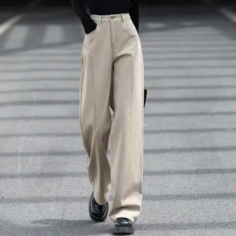 卡其色裤子女秋冬款欧货女士牛仔裤女2023爆款新款直筒休闲阔腿裤图片