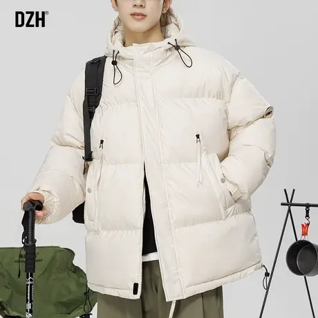 男士杏色连帽棉衣男款冬季加厚工装棉服潮牌外套宽松男装2023新款商品大图