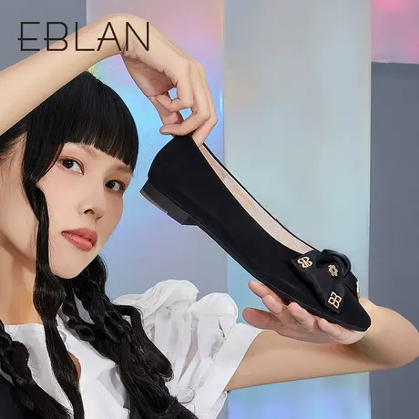 EBLAN伊伴春季新款黑色单鞋浅口平底鞋优雅通勤软底低跟鞋女图片