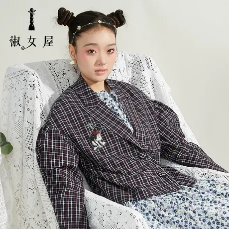 淑女屋旗舰店官网正品连衣裙新品女草原牧人花场格纹泡泡袖短外套图片