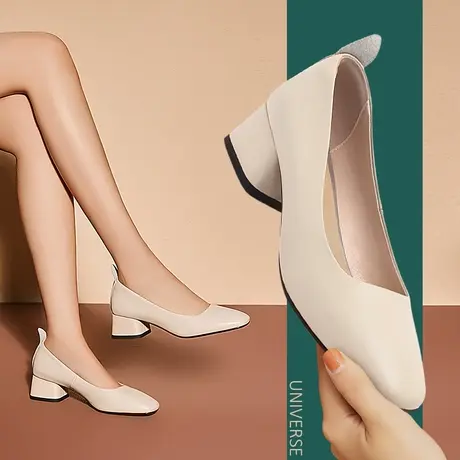 清仓方头软底单鞋女浅口粗跟鞋子女休闲百搭白色羊皮女鞋舒适商品大图