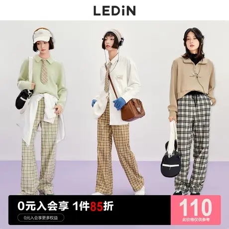 乐町格子直筒长裤休闲秋冬季复古灯芯绒压褶格纹裤女休闲裤拖地裤商品大图