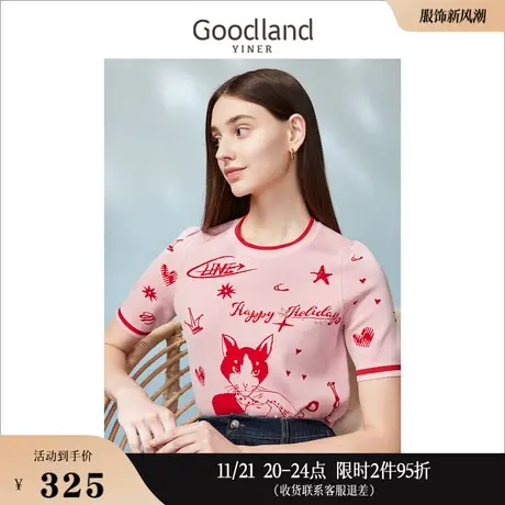 [赫本猫IP]Goodland美地女装2023春季撞色包边圆领短袖针织衫商品大图