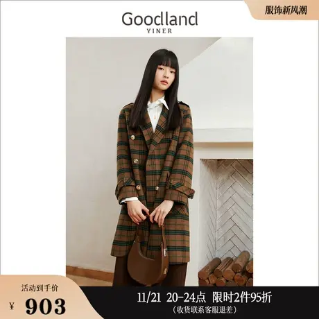 Goodland美地女装冬季双排扣通勤复古格子纯羊毛双面呢大衣商品大图