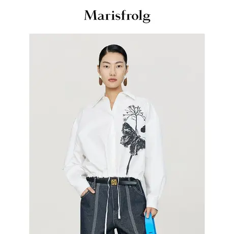 【艺术匠坊】玛丝菲尔时尚气质休闲撞色蝴蝶花稿束腰短款衬衫女商品大图