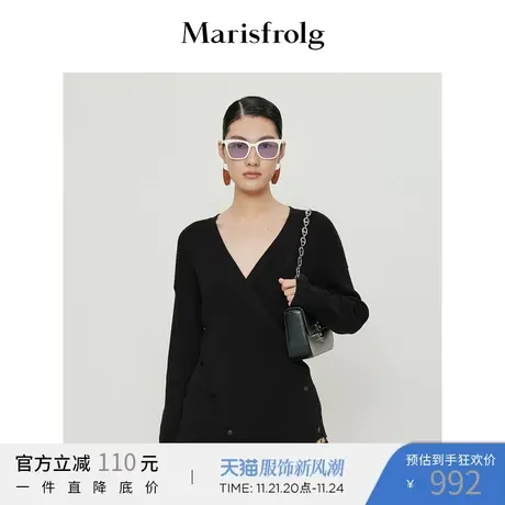 【围裹式设计】玛丝菲尔针织衫春季新款黑色V领修身针织衫商品大图