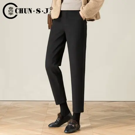 九分毛呢哈伦裤女2023冬季新款加厚休闲高腰显瘦烟管裤黑色萝卜裤图片