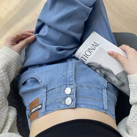 蓝色天丝牛仔裤女夏季薄款垂感显瘦小个子高腰直筒冰丝窄版阔腿裤商品大图