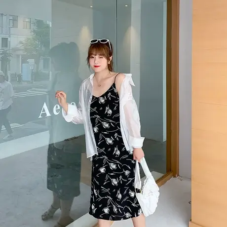 2023夏季大码套装胖mm显瘦碎花雪纺吊带裙中长款空调衫衬衣两件套图片