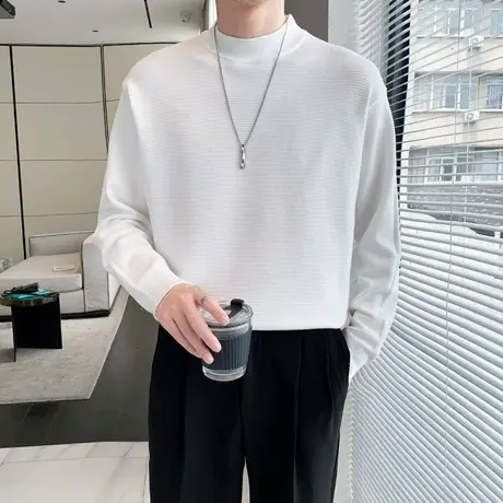 秋冬季ins纯色高级感半高领毛衣打底衫男简约内搭针织衫上衣体恤商品大图