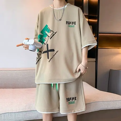 短袖短裤套装男夏季潮牌宽松假两件冰丝t恤男装一套搭配帅气衣服图片