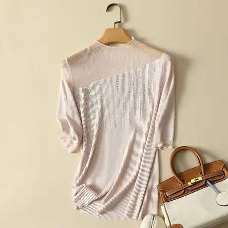 蕾丝半高领中袖体恤女2024春夏新款五分袖t恤女冰丝针织打底衫女商品大图