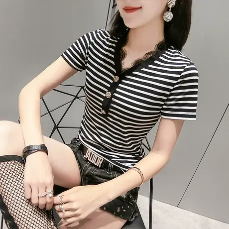 性感蕾丝花边V领T恤女短袖夏装2023新款欧美时尚气质上衣修身小衫商品大图