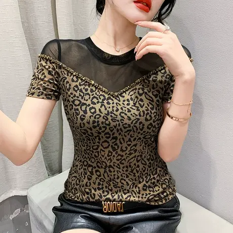 欧货豹纹T恤女短袖性感镂空网纱拼接上衣时尚钉珠洋气小衫半袖夏图片
