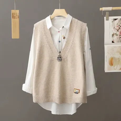 V领针织马甲背心女宽松纯色百搭无袖毛衣坎肩春秋上衣学院风马夹商品大图