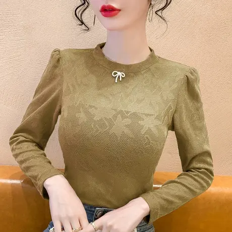 半高领蕾丝长袖T恤女修身打底衫2023秋冬新款洋气减龄百搭上衣图片