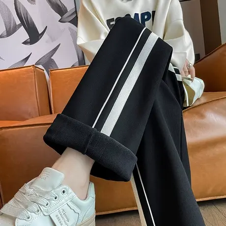 竖条纹运动裤女2024秋冬新款高腰加绒加厚小个子休闲卫裤阔腿裤子图片