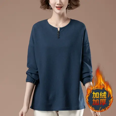 秋冬加绒长袖t恤女加肥加大码宽松中年妈妈休闲加厚上衣女打底衫商品大图