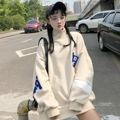 中长款卫衣女秋冬季设计感小众上衣宽松韩版bf慵懒风加绒加厚外套商品大图