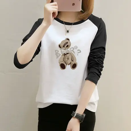 小熊T恤女长袖宽松休闲百搭纯棉插肩袖上衣设计感小众内搭打底衫图片