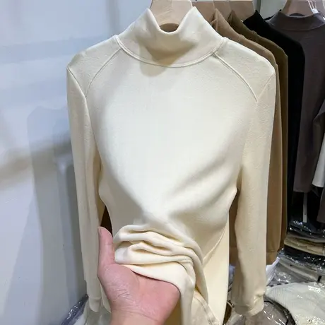 欧货双面磨毛德绒半高领长袖T恤女2022秋冬新款宽松打底衫上衣厚商品大图