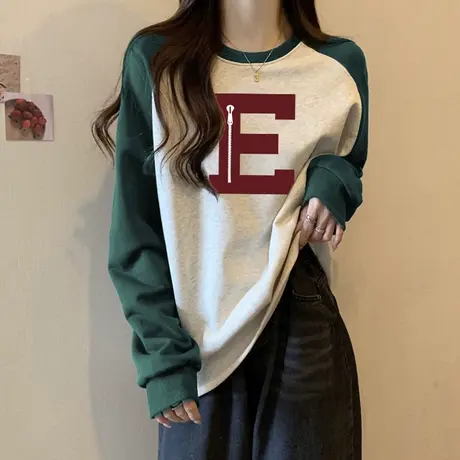 长袖T恤女秋冬加绒加厚内搭上衣2024新款宽松韩版拼色插肩打底衫商品大图
