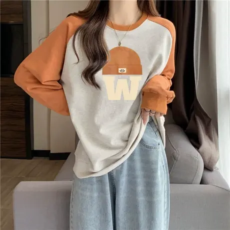 vintage圆领无帽卫衣女2023秋冬季新款宽松加绒加厚插肩袖上衣服图片