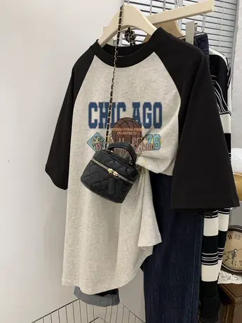 夏日多巴胺穿搭上衣女2023新款韩版插肩袖正肩T恤ins潮牌大码短袖商品大图