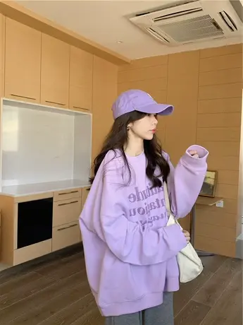 大码胖mm字母宽松长袖卫衣女设计感小众秋冬加绒chic港风上衣显瘦图片