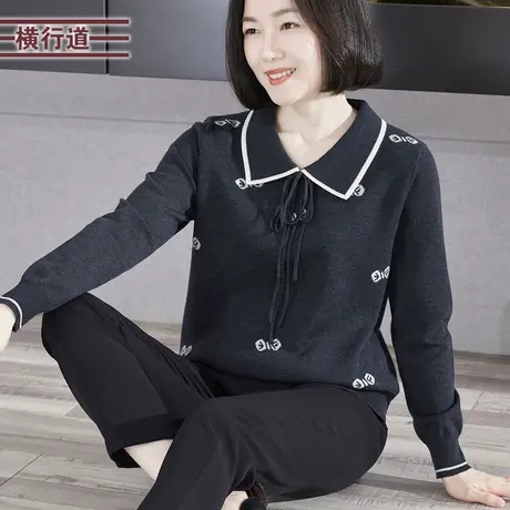 简约休闲翻领蝴蝶结提花宽松保暖长袖毛衣女大码外穿2024新款春装商品大图